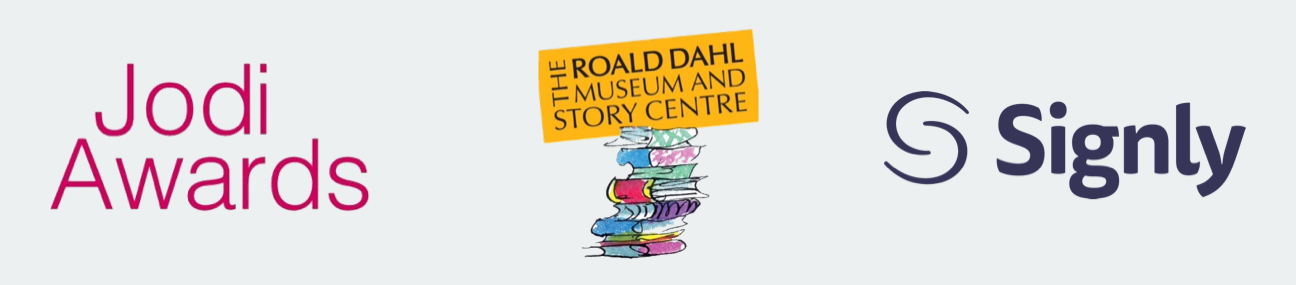 Jodi Awards, Rold Dahl Museum and Story Centre, and Signly logos